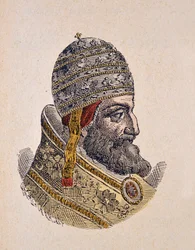 XI. Leon pápa (Leo, Leone) portréja (1605), 1898 (metszet későbbi színezéssel)